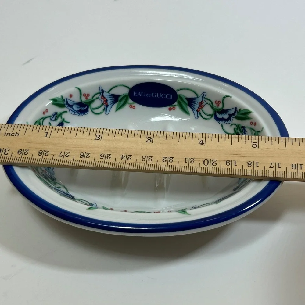 Vintage Eau de Gucci Woodmere China Porcelain Soap Dish Blue Floral Oval